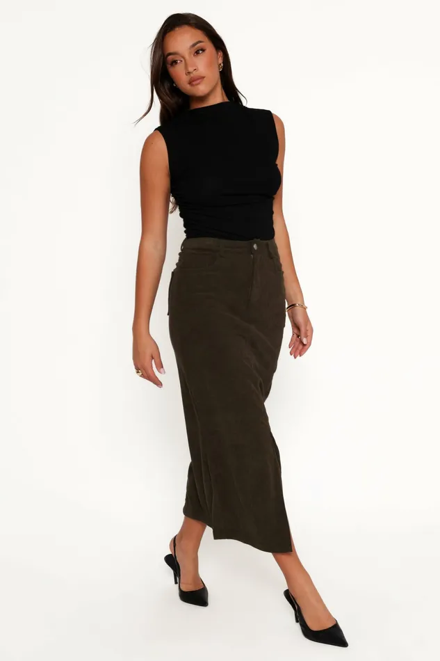 Women Petal and Pup Myra Corduroy Midi Skirt Olive Skirts