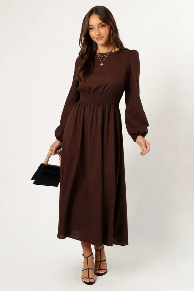 Women Petal and Pup Roman Long Sleeve Maxi Dress Brown Long Sleeve Dresses