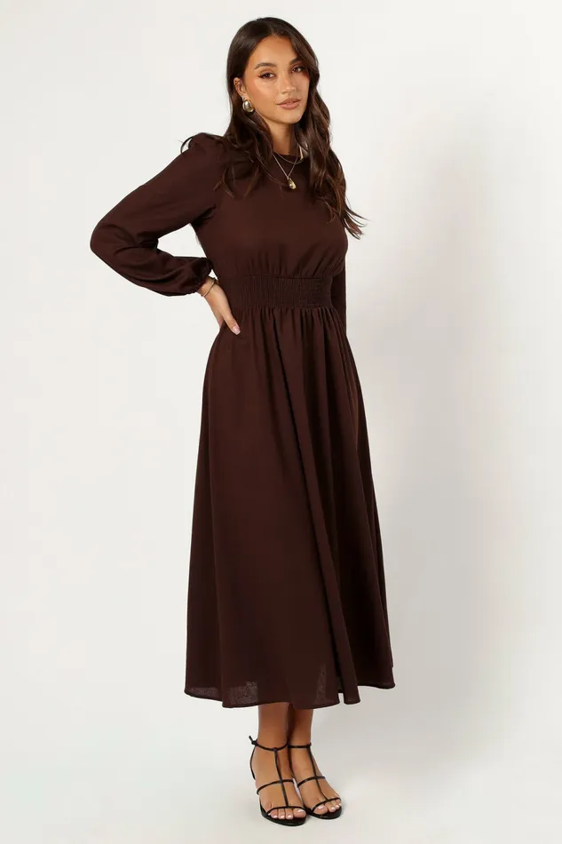 Women Petal and Pup Roman Long Sleeve Maxi Dress Brown Long Sleeve Dresses