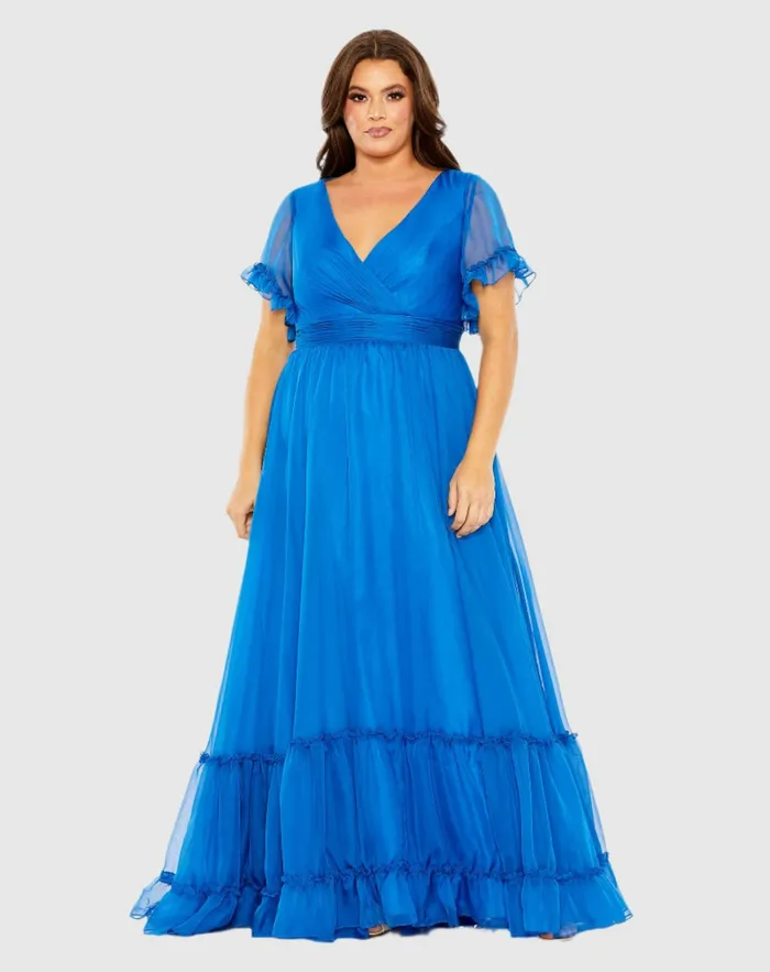 Women Plus Size Dresses Mac Duggal Chiffon Faux Wrap Flutter Sleeve Tiered Plus Size Dress Ocean Blue Women Plus Size Dresses Mac Duggal Chiffon Faux Wrap Flutter Sleeve Tiered Plus Size Dress Ocean Blue