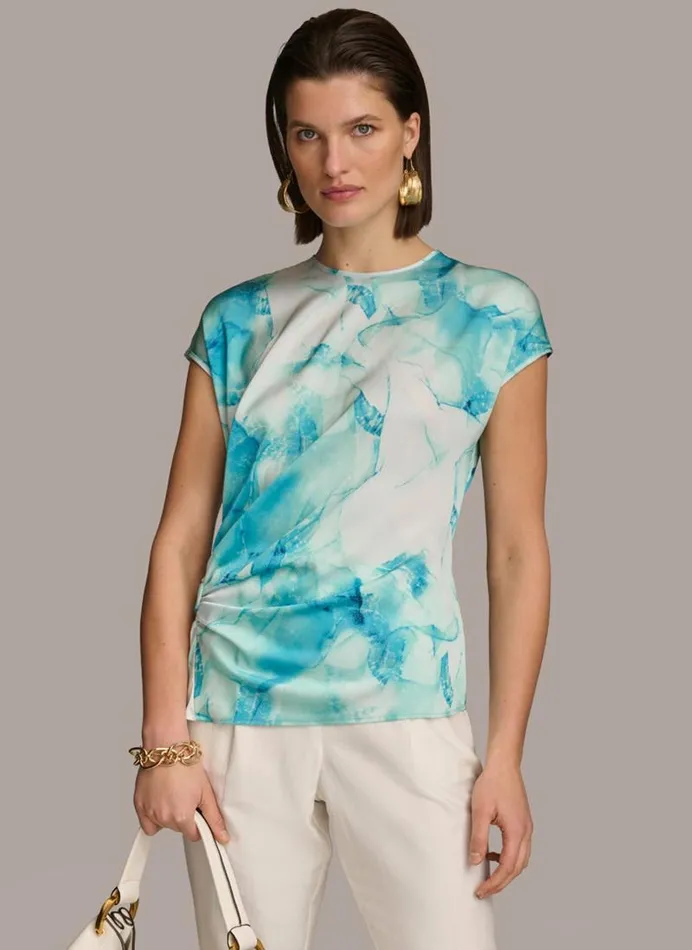 Women PRINT EXTENDED SHOULDER RUCHED TOP Wave Multi Donna Karan New York Sweaters And Tops