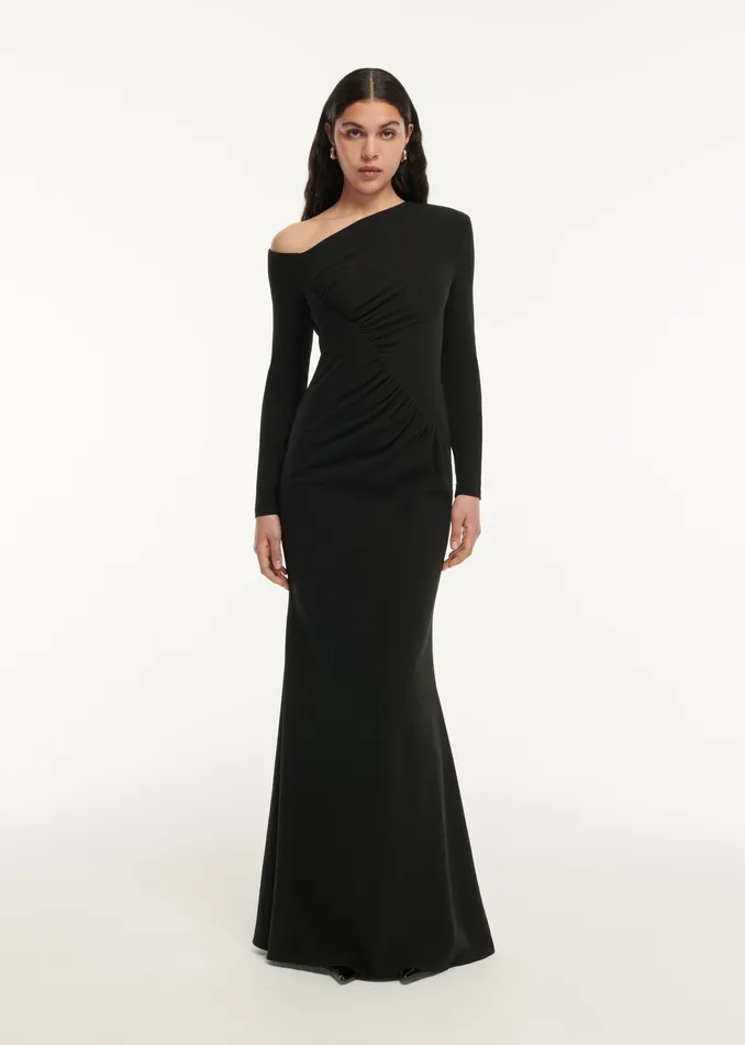 Women Roland Mouret Clothing Long Sleeve Stretch Cady Drape Maxi Dress