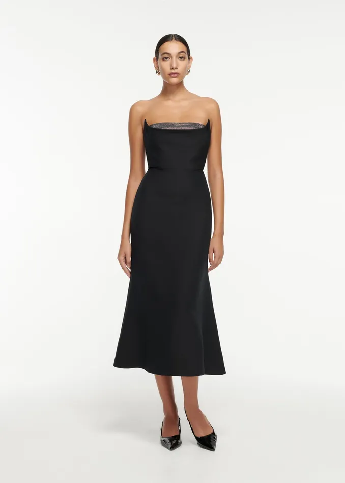 Women Roland Mouret Clothing Strapless Embellished Wool Silk Midi Dress
