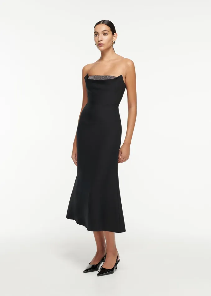 Women Roland Mouret Clothing Strapless Embellished Wool Silk Midi Dress