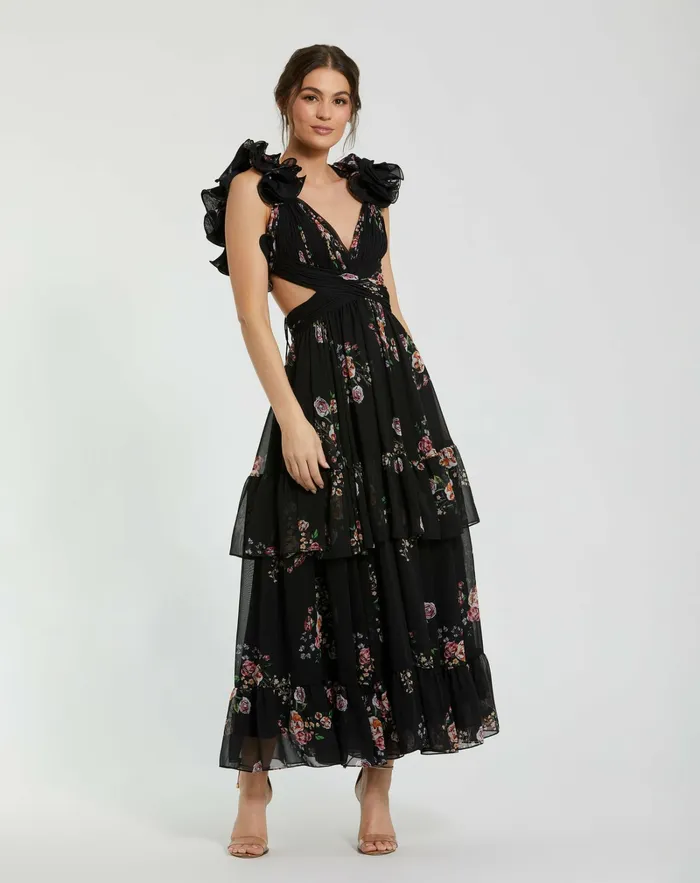 Women Ruffle Tiered CutOut Floral Print Chiffon Dress Black Multi Daytime Dresses Mac Duggal Women Ruffle Tiered CutOut Floral Print Chiffon Dress Black Multi Daytime Dresses Mac Duggal
