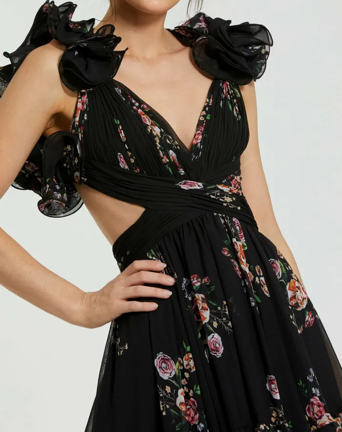 Women Ruffle Tiered CutOut Floral Print Chiffon Dress Black Multi Daytime Dresses Mac Duggal