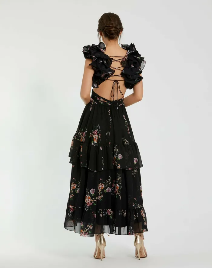 Women Ruffle Tiered CutOut Floral Print Chiffon Dress Black Multi Daytime Dresses Mac Duggal