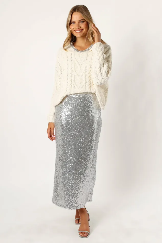 Women Ryleigh Jewel Embellished Crewneck Knit Sweater Cream Sweaters Petal and Pup