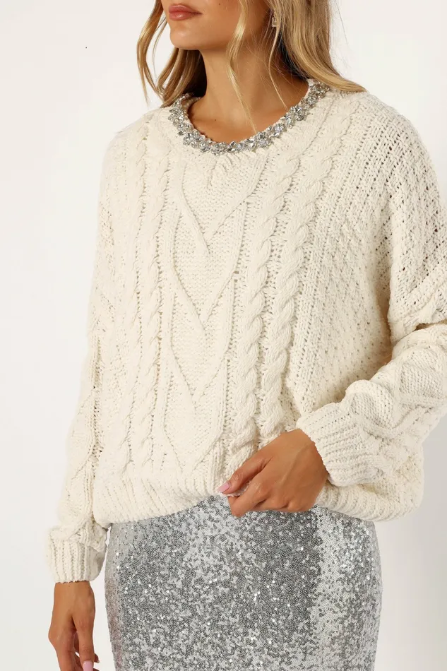 Women Ryleigh Jewel Embellished Crewneck Knit Sweater Cream Sweaters Petal and Pup