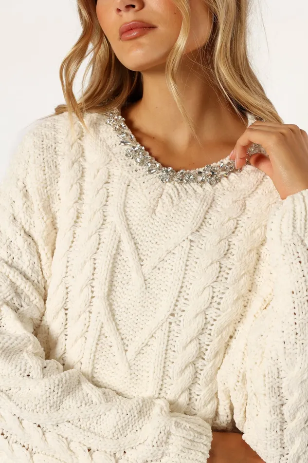 Women Ryleigh Jewel Embellished Crewneck Knit Sweater Cream Sweaters Petal and Pup
