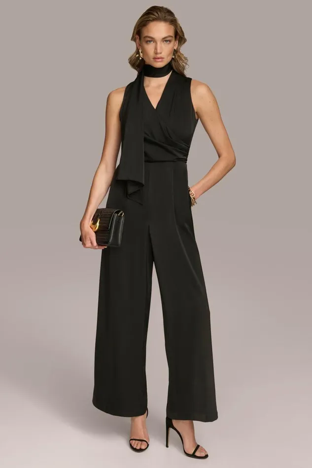 Women SATIN V NECK JUMPSUIT Black Donna Karan New York Dresses And Jumpsuits