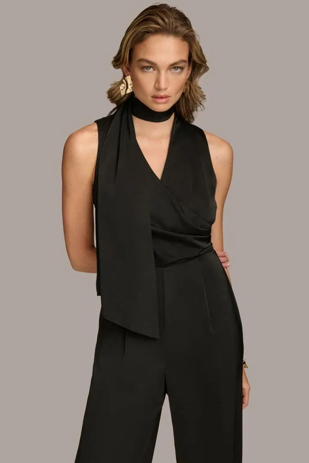 Women SATIN V NECK JUMPSUIT Black Donna Karan New York Dresses And Jumpsuits