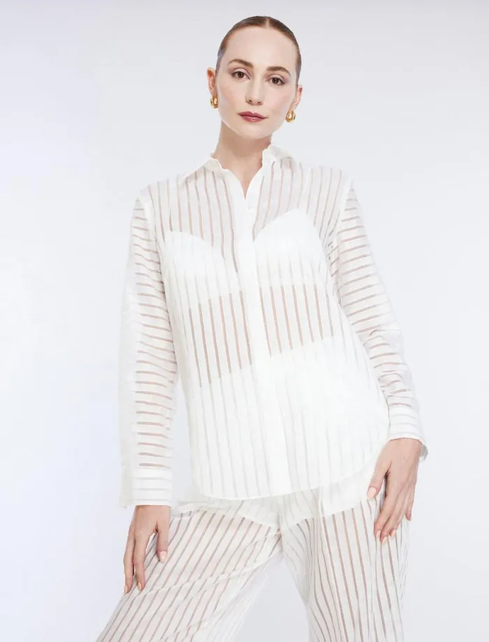 Women Sheer Stripe Button Down Shirt Gardenia BCBG Tops
