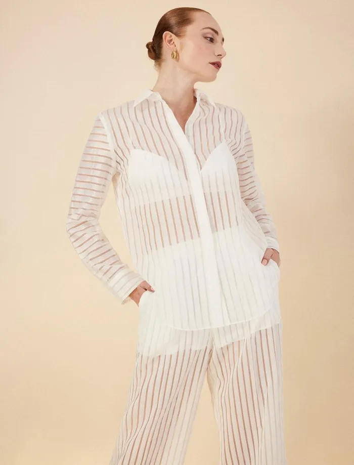 Women Sheer Stripe Button Down Shirt Gardenia BCBG Tops Women Sheer Stripe Button Down Shirt Gardenia BCBG Tops