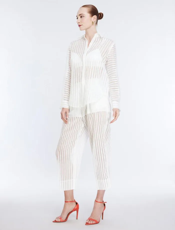 Women Sheer Stripe Button Down Shirt Gardenia BCBG Tops Women Sheer Stripe Button Down Shirt Gardenia BCBG Tops
