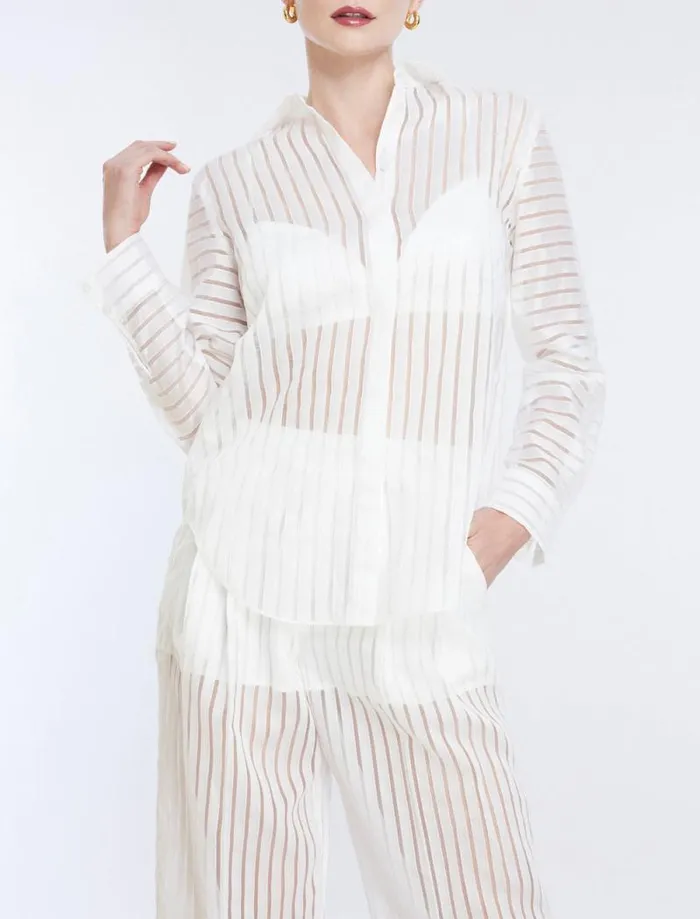 Women Sheer Stripe Button Down Shirt Gardenia BCBG Tops Women Sheer Stripe Button Down Shirt Gardenia BCBG Tops
