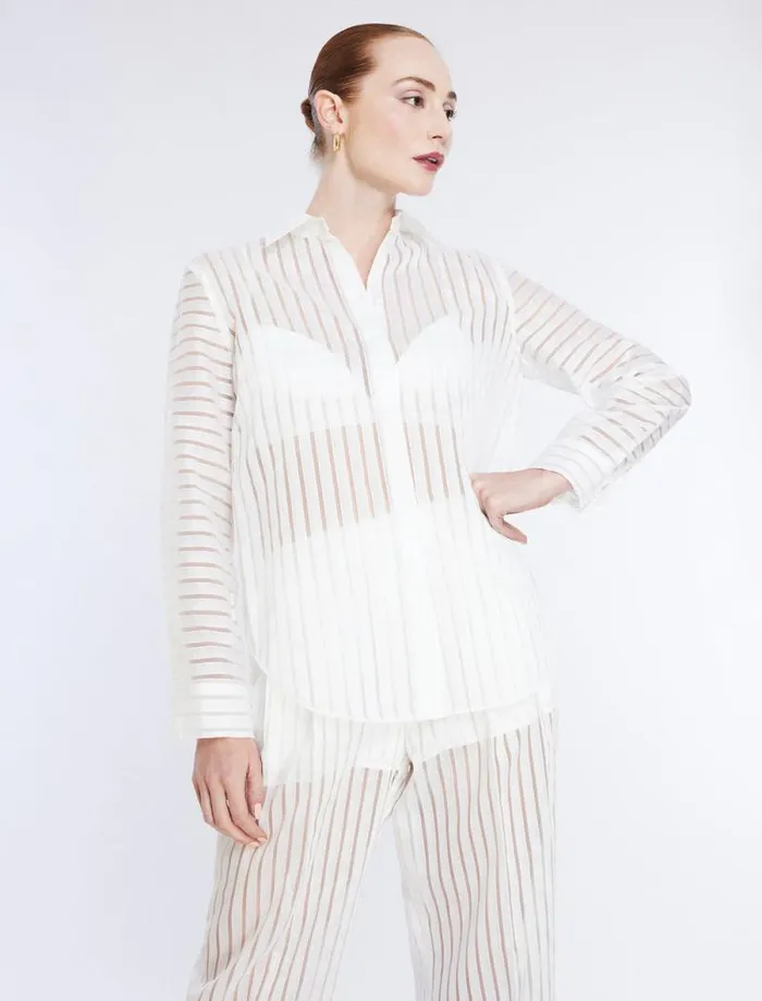 Women Sheer Stripe Button Down Shirt Gardenia BCBG Tops Women Sheer Stripe Button Down Shirt Gardenia BCBG Tops