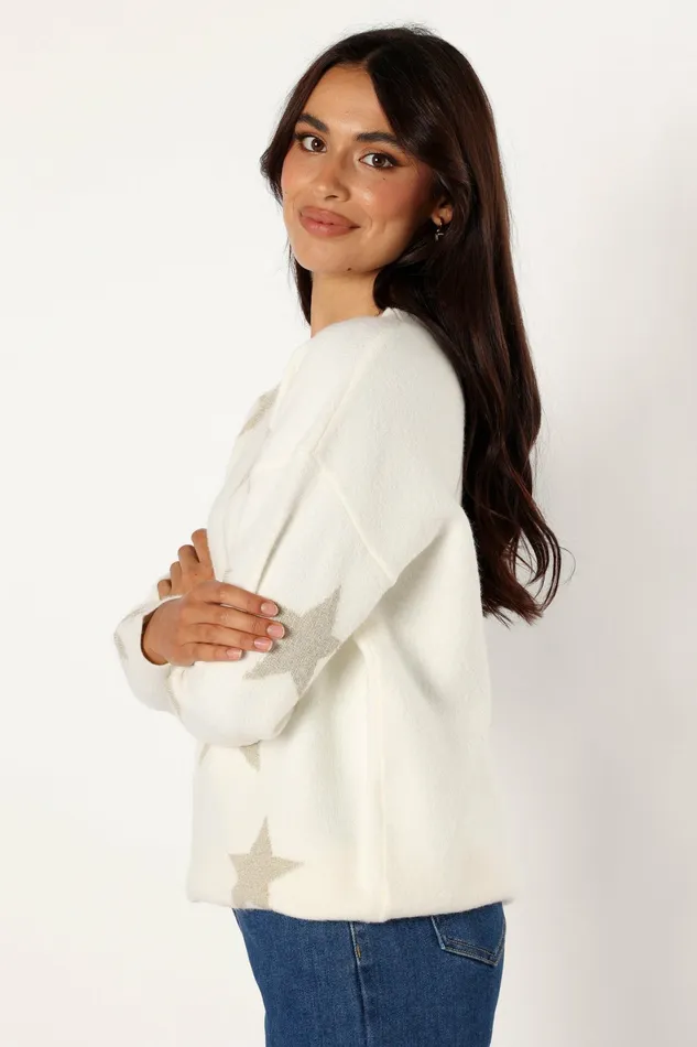Women Sweaters Petal and Pup Rosalina Crewneck Shimmer Star Knit Sweater Cream