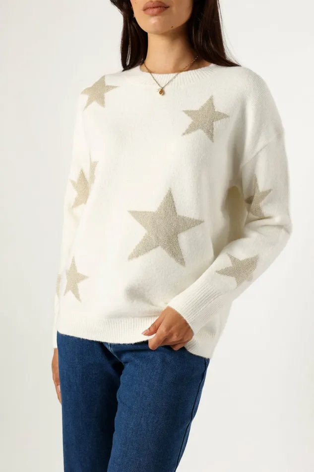 Women Sweaters Petal and Pup Rosalina Crewneck Shimmer Star Knit Sweater Cream