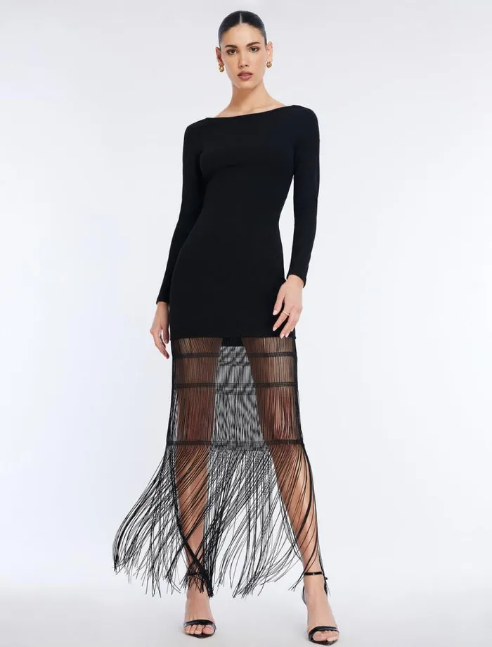 Women Tabitha Knit Fringe Mini Dress Black BCBG Dresses
