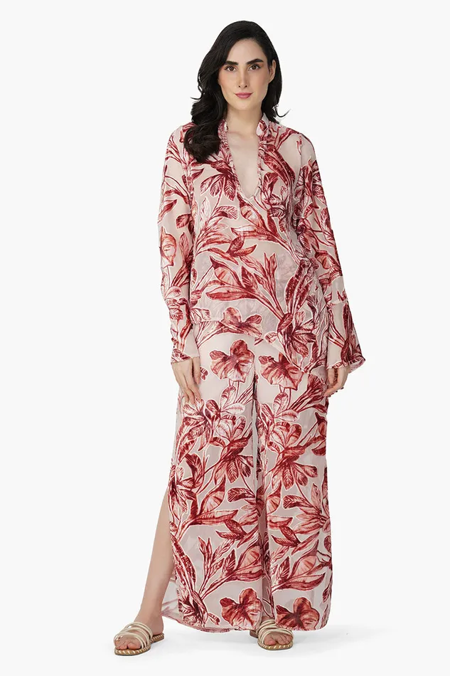 Women Tops America and Beyond Leaf Velvet Burntout High Low Top