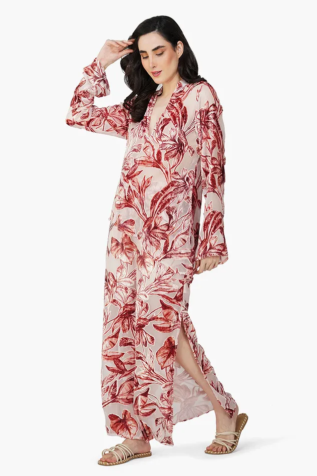 Women Tops America and Beyond Leaf Velvet Burntout High Low Top