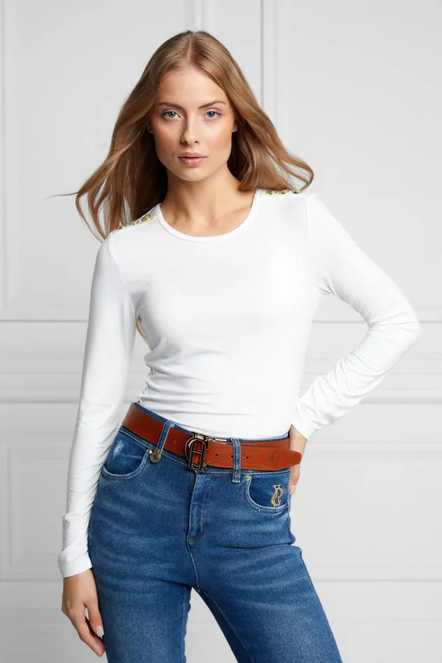 Women Tops Holland Cooper Long Sleeve Crew Neck Tee White