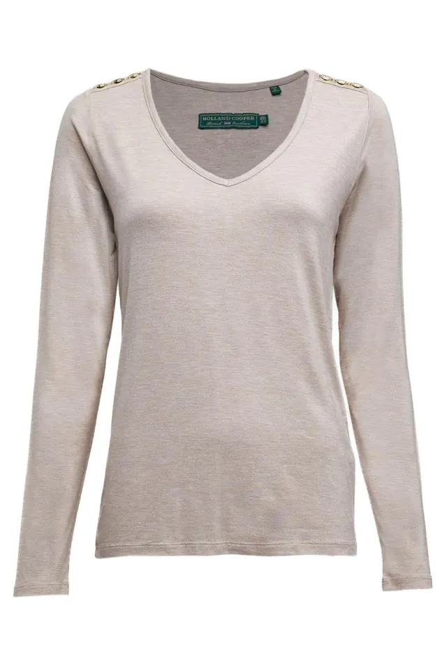 Women Tops Holland Cooper Long Sleeve VNeck Tee Oatmeal Women Tops Holland Cooper Long Sleeve VNeck Tee Oatmeal