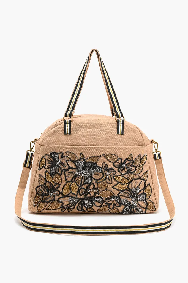 Women Travel and Beach Bags America and Beyond Glamorous Embellished Traveler with CrossbodyFloral Beige