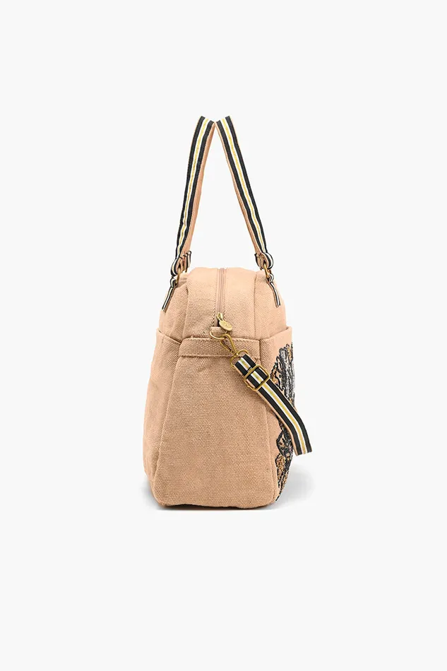 Women Travel and Beach Bags America and Beyond Glamorous Embellished Traveler with CrossbodyFloral Beige