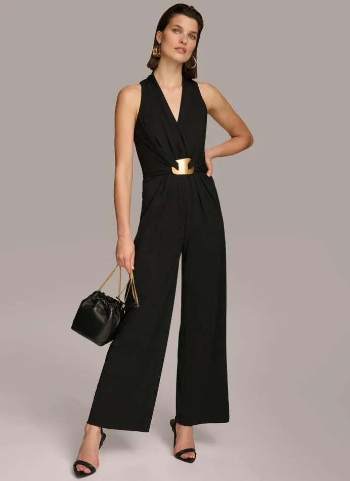 Women VNECK BELTED JUMPSUIT Black Donna Karan New York Dresses And Jumpsuits