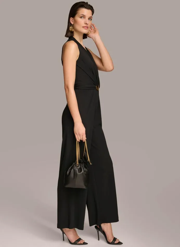 Women VNECK BELTED JUMPSUIT Black Donna Karan New York Dresses And Jumpsuits