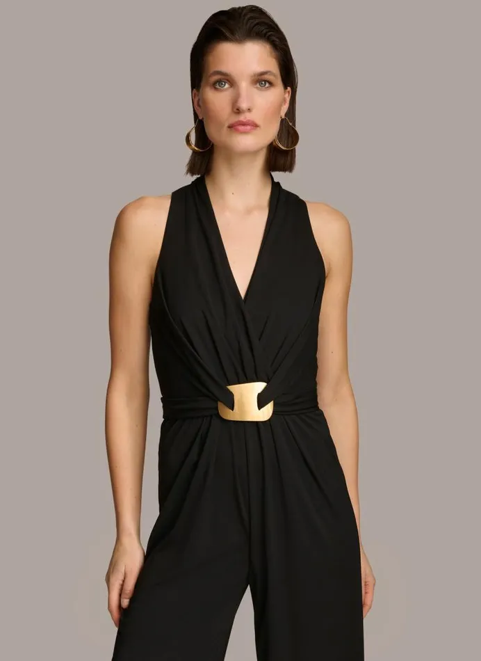 Women VNECK BELTED JUMPSUIT Black Donna Karan New York Dresses And Jumpsuits