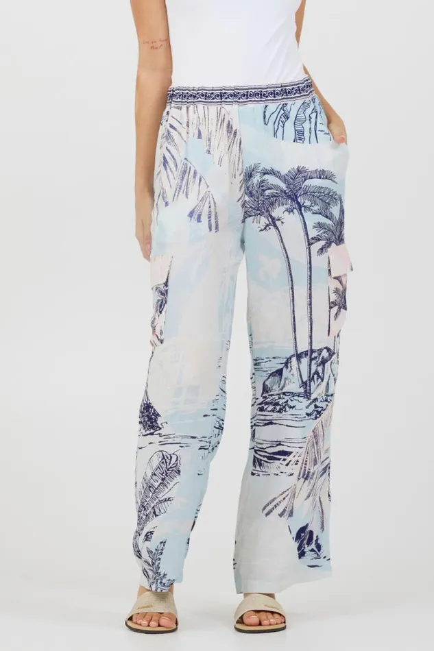 Women Vintage Havana All Bottoms Blue and Pink Scenic Print Placement Pants Blue Women Vintage Havana All Bottoms Blue and Pink Scenic Print Placement Pants Blue