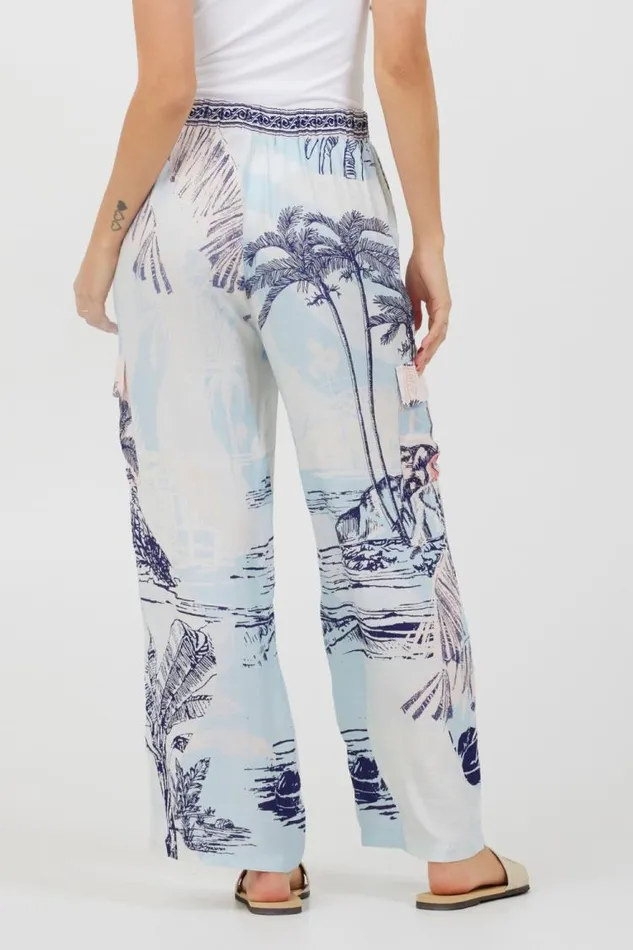 Women Vintage Havana All Bottoms Blue and Pink Scenic Print Placement Pants Blue