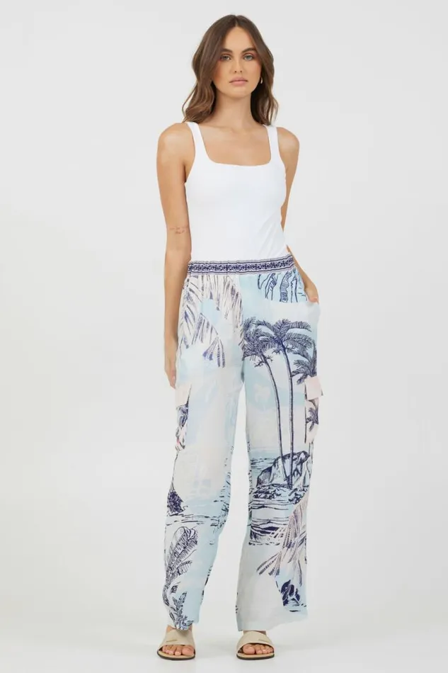 Women Vintage Havana All Bottoms Blue and Pink Scenic Print Placement Pants Blue