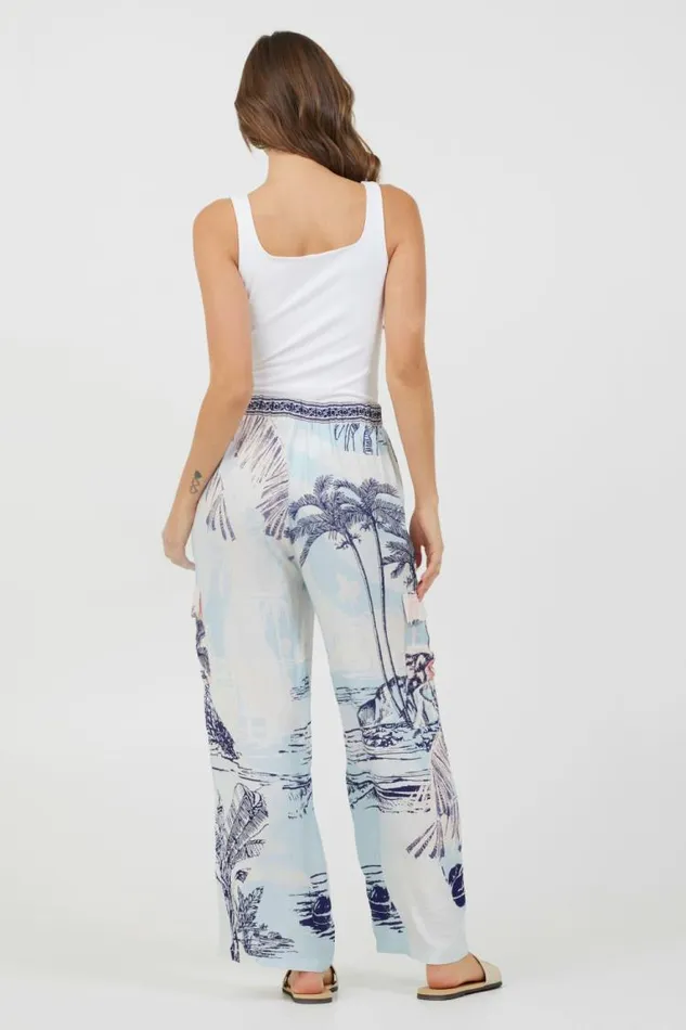 Women Vintage Havana All Bottoms Blue and Pink Scenic Print Placement Pants Blue