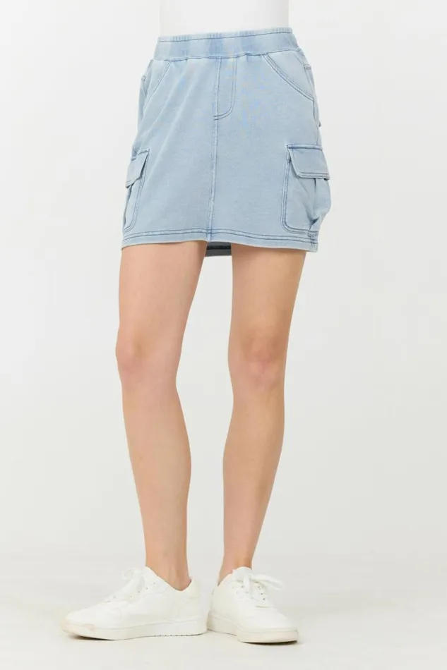 Women Vintage Havana All Bottoms Washed Denim Terry Fleece Cargo Skirt Washed Denim Women Vintage Havana All Bottoms Washed Denim Terry Fleece Cargo Skirt Washed Denim