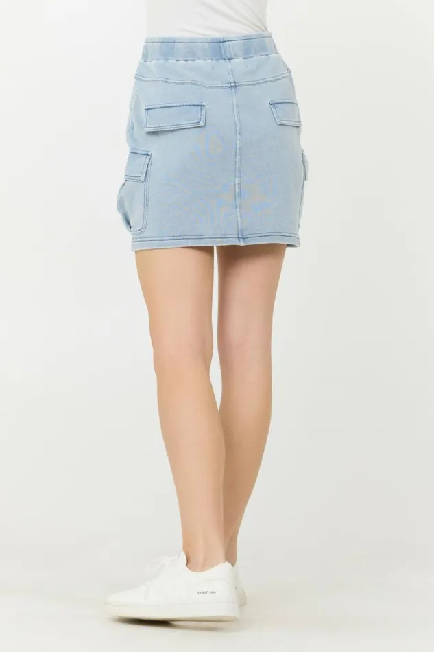 Women Vintage Havana All Bottoms Washed Denim Terry Fleece Cargo Skirt Washed Denim