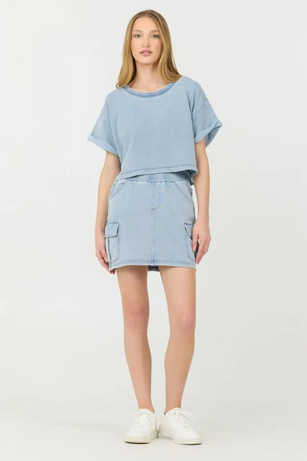 Women Vintage Havana All Bottoms Washed Denim Terry Fleece Cargo Skirt Washed Denim