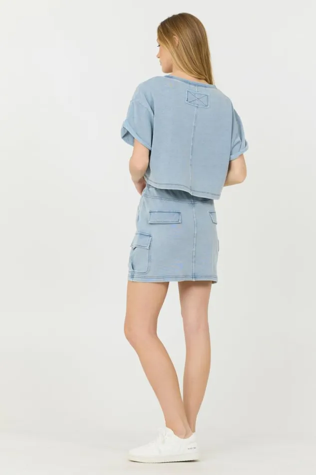 Women Vintage Havana All Bottoms Washed Denim Terry Fleece Cargo Skirt Washed Denim