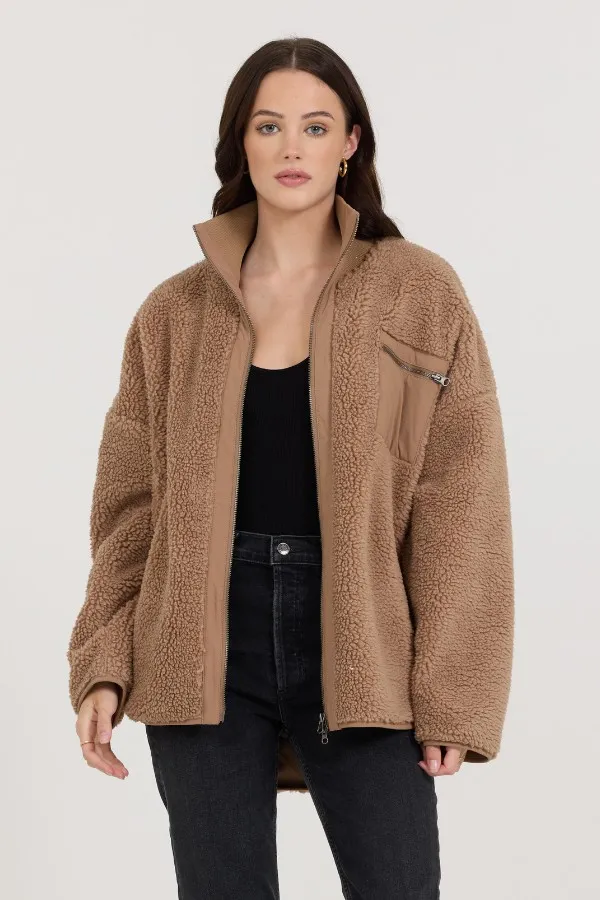 Women Vintage Havana Outerwear Cappuccino Sherpa Jacket Cappuccino
