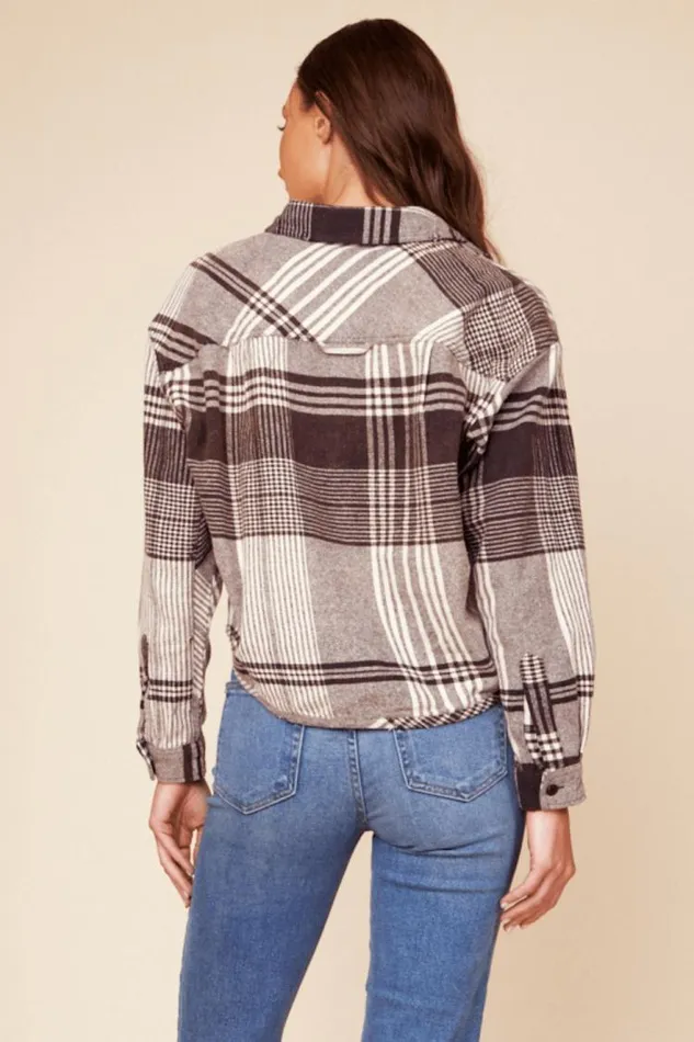 Women Vintage Havana Outerwear Chocolate Brown Flannel Plaid Shirting Chocolate