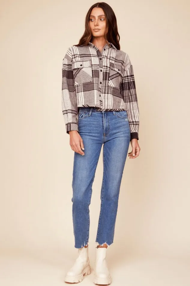 Women Vintage Havana Outerwear Chocolate Brown Flannel Plaid Shirting Chocolate