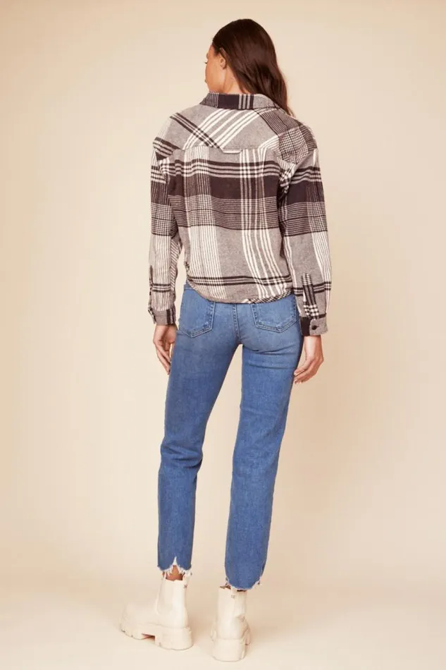 Women Vintage Havana Outerwear Chocolate Brown Flannel Plaid Shirting Chocolate