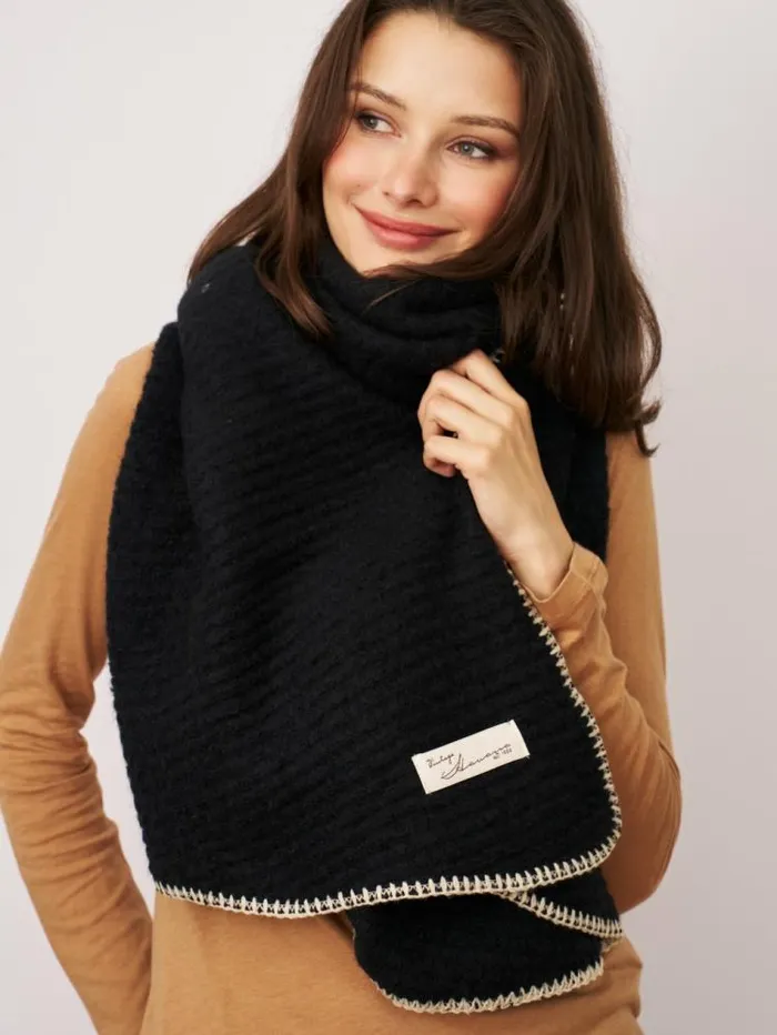 Women Vintage Havana Scarf Ruanas BLANKET STITCH KNIT SCARF 8211 BLACKIVORY Blackivory