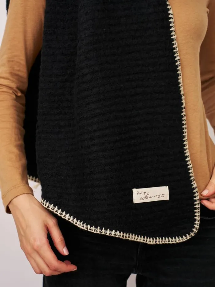 Women Vintage Havana Scarf Ruanas BLANKET STITCH KNIT SCARF 8211 BLACKIVORY Blackivory
