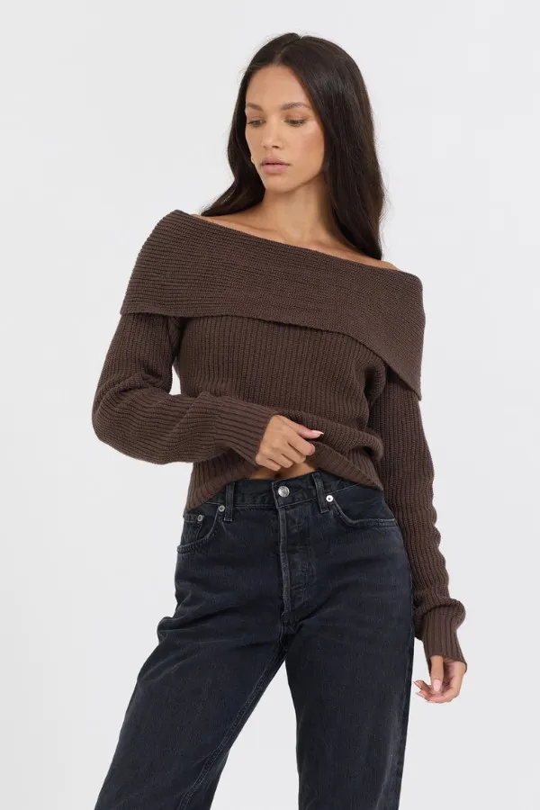 Women Vintage Havana Sweaters Espresso Off ShoulderBack Zip Sweater Espresso