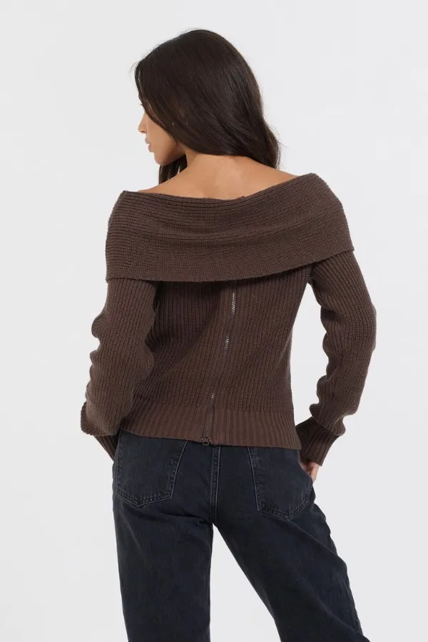 Women Vintage Havana Sweaters Espresso Off ShoulderBack Zip Sweater Espresso