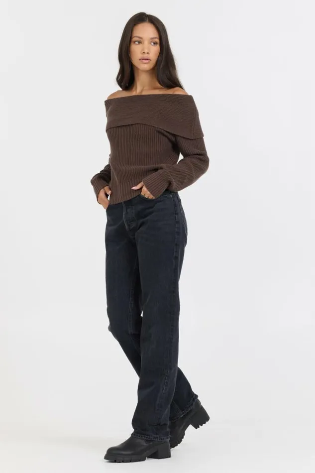 Women Vintage Havana Sweaters Espresso Off ShoulderBack Zip Sweater Espresso